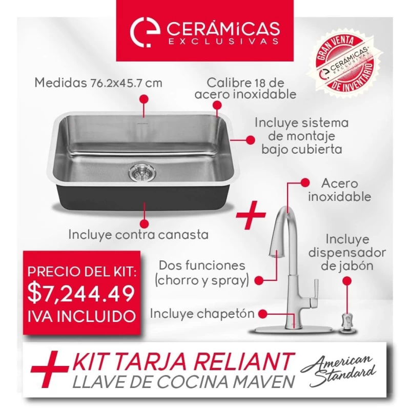 KIT TARJA RELIANT Y LLAVE DE COCINA MAVEN ACERO INOX